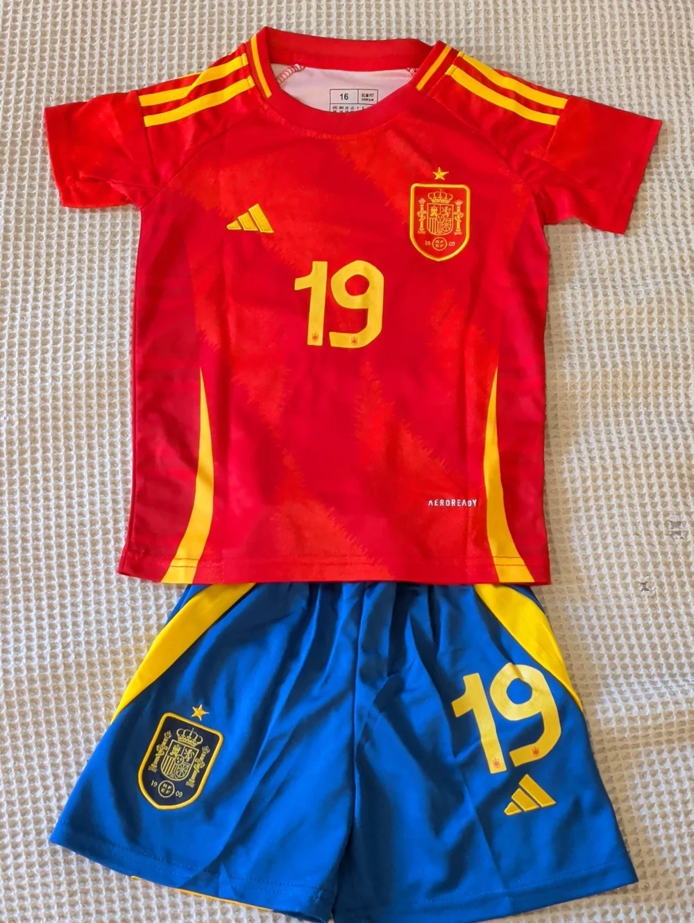 adidas Kids Spain Lamine Yamal Soccer Jersey and Shorts Set - Red, Blue, Yellow